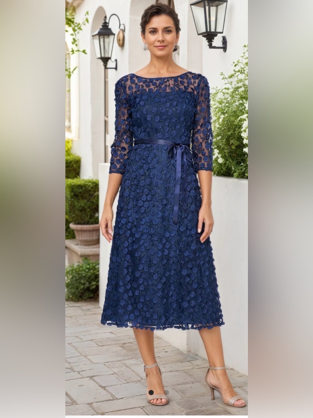 Alex Evenings Navy Blue Floral Lace Sequin Short Sleeve Formal Midi Dress 18